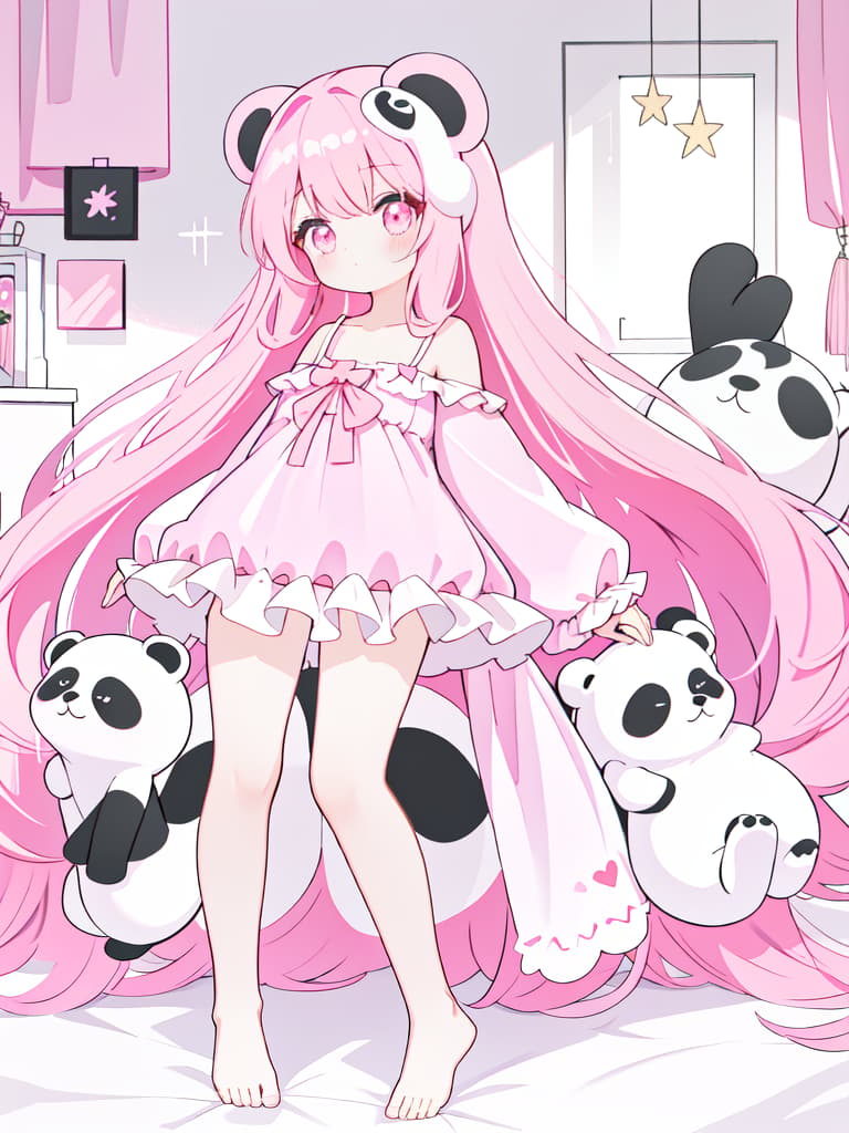  Girl, Pink Long Hair,, Perfect Arms, Perfect Legs, In The Room, Perfect Panda Eye Mask, Cute Pajamas, Not Off Shoulder, masterpiece, best quality,8k,ultra detailed,high resolution,an extremely delicate and beautiful,hyper detail