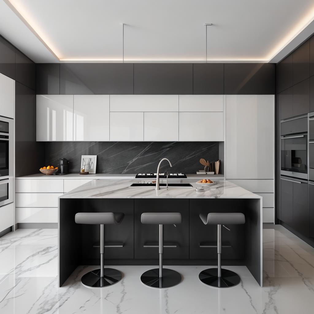  architecture photography 4. "Contemporary Kitchen Design: Marble Island with Induction Stove, Intelligent Storage, White Cabinetry with Grey Accents, Wall Mounted Unit, Monochromatic Scheme, Task Lighting, Luxury Finishes" hyperrealistic, full body, detailed clothing, highly detailed, cinematic lighting, stunningly beautiful, intricate, sharp focus, f/1. 8, 85mm, (centered image composition), (professionally color graded), ((bright soft diffused light)), volumetric fog, trending on instagram, trending on tumblr, HDR 4K, 8K