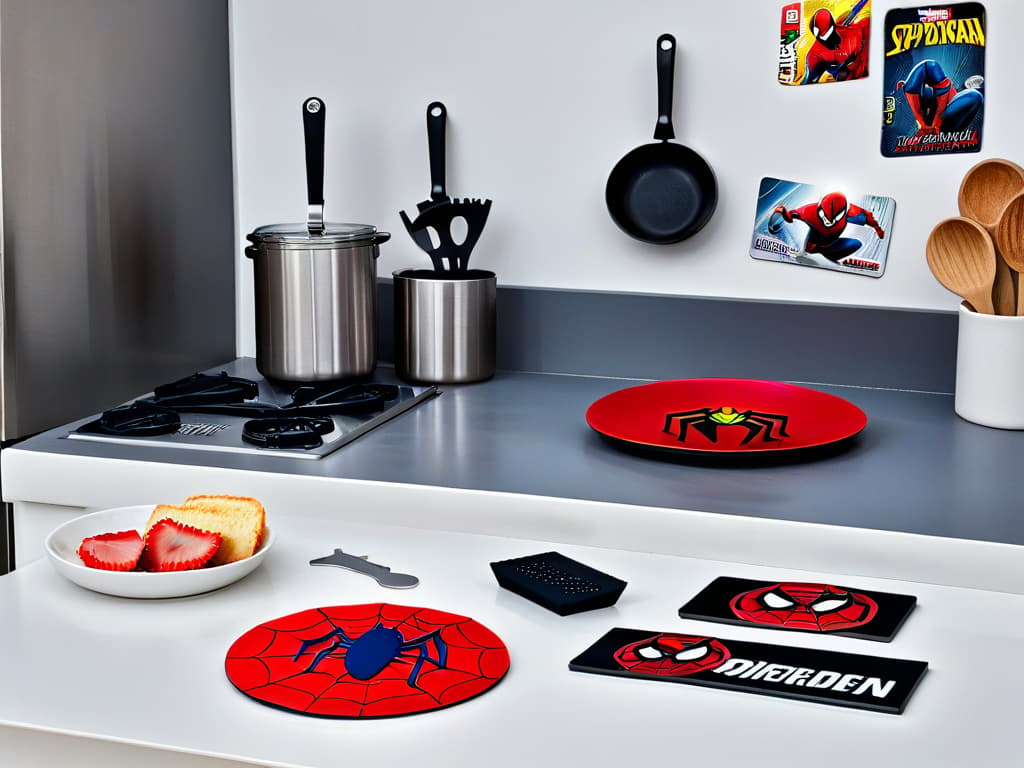  An ultradetailed, minimalistic image of a sleek, modern kitchen with subtle Marvelinspired elements like Avengers logo coasters, Iron Man red accents on utensils, and a SpiderMan themed apron hanging on a hook. The image showcases a spotless marble countertop with neatly arranged ingredients for a superheroinspired dessert, reflecting a perfect blend of culinary artistry and comic book fandom. hyperrealistic, full body, detailed clothing, highly detailed, cinematic lighting, stunningly beautiful, intricate, sharp focus, f/1. 8, 85mm, (centered image composition), (professionally color graded), ((bright soft diffused light)), volumetric fog, trending on instagram, trending on tumblr, HDR 4K, 8K