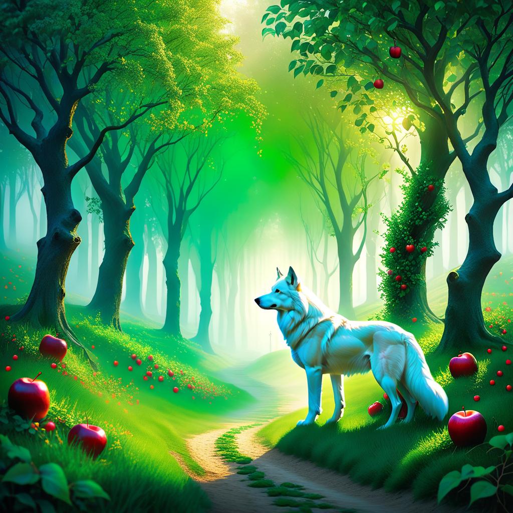  ethereal fantasy concept art of (Background): an apple orchard. He did not immediately realise that there was no more snow under his paws, only soft grass. Leaves on the recently bare trees turned green, and it became clear that this was not a forest at all, but a marvellous apple orchard. A white wolf shifter with green eyes and a black nose in a marvellous apple orchard. Style:fantasy . magnificent, celestial, ethereal, painterly, epic, majestic, magical, fantasy art, cover art, dreamy hyperrealistic, full body, detailed clothing, highly detailed, cinematic lighting, stunningly beautiful, intricate, sharp focus, f/1. 8, 85mm, (centered image composition), (professionally color graded), ((bright soft diffused light)), volumetric fog, trending on instagram, trending on tumblr, HDR 4K, 8K