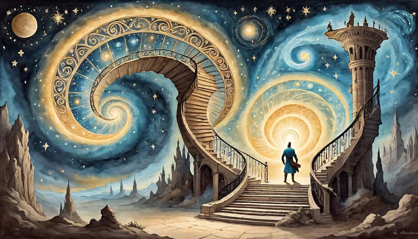  on parchment, surrealism+++, A spiral staircase leading up to a celestial gate, figure ascending with a glowing aura, stars and galaxies swirling around, transformative, uplifting(mysterious, provocative, symbolic,muted color)+++