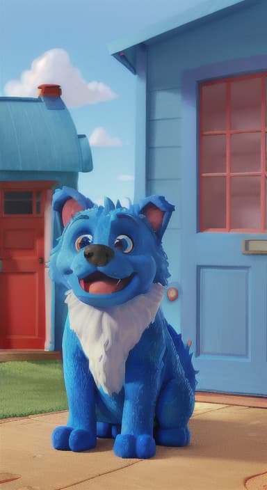  {Max the big blue dog standing in front of a cozy little house with a red door, The big blue dog is large with sky blue fur, big round eyes, a black nose, and floppy ears.