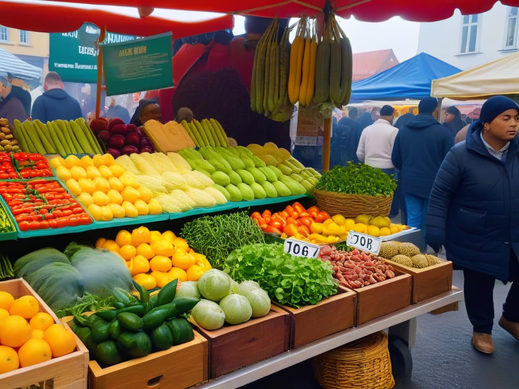  An ultradetailed image of a vibrant farmer's market stall filled with an array of colorful, organic fruits and vegetables. The stall is surrounded by lush greenery and dappled sunlight, with a diverse group of customers browsing and interacting with the produce. The attention to detail captures the textures of the ripe, glossy fruits, the intricate patterns of the leafy greens, and the warm, inviting atmosphere of the market scene. hyperrealistic, full body, detailed clothing, highly detailed, cinematic lighting, stunningly beautiful, intricate, sharp focus, f/1. 8, 85mm, (centered image composition), (professionally color graded), ((bright soft diffused light)), volumetric fog, trending on instagram, trending on tumblr, HDR 4K, 8K