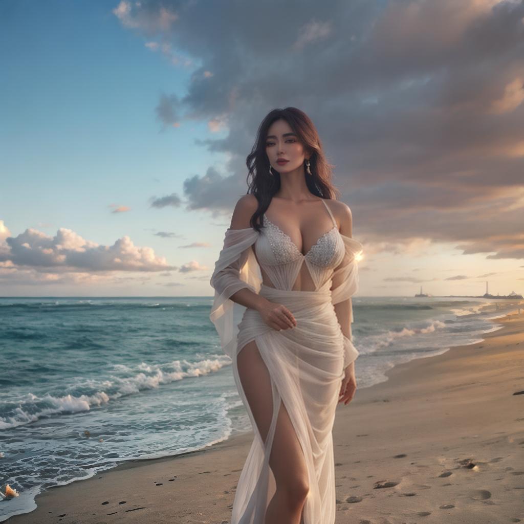  Girl on the beach hyperrealistic, full body, detailed clothing, highly detailed, cinematic lighting, stunningly beautiful, intricate, sharp focus, f/1. 8, 85mm, (centered image composition), (professionally color graded), ((bright soft diffused light)), volumetric fog, trending on instagram, trending on tumblr, HDR 4K, 8K