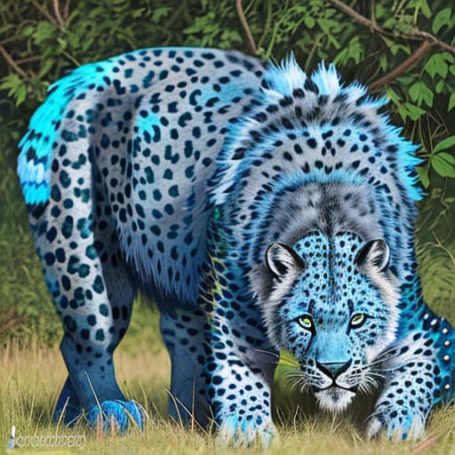  um lobo azul e preto lutando contra um majestoso leopardo enorme，