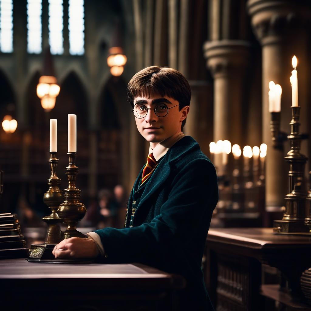  cinematic film still A child named Harry Potter practices magic at Hogwarts. . shallow depth of field, vignette, highly detailed, high budget, bokeh, cinemascope, moody, epic, gorgeous, film grain, grainy hyperrealistic, full body, detailed clothing, highly detailed, cinematic lighting, stunningly beautiful, intricate, sharp focus, f/1. 8, 85mm, (centered image composition), (professionally color graded), ((bright soft diffused light)), volumetric fog, trending on instagram, trending on tumblr, HDR 4K, 8K