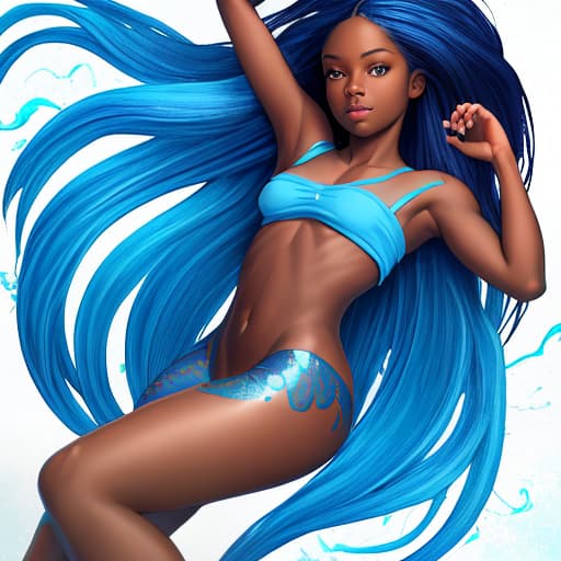  Create a image of Airbrushed Hyperrealistic Glossy Beautiful African American dark-skinned Female Mermaids full body image with blue top a blue long hair Blue tail