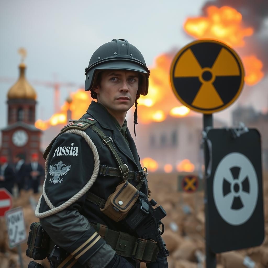  ultra high quality, very detailed , russian city destroyed by nuclear disaster , buildings on fires , man soldier looking at camera , wearing a poland military suit with no helmet standing near city white sign with the text 'russia' written on it , nuclear warning sign hyperrealistic, full body, detailed clothing, highly detailed, cinematic lighting, stunningly beautiful, intricate, sharp focus, f/1. 8, 85mm, (centered image composition), (professionally color graded), ((bright soft diffused light)), volumetric fog, trending on instagram, trending on tumblr, HDR 4K, 8K