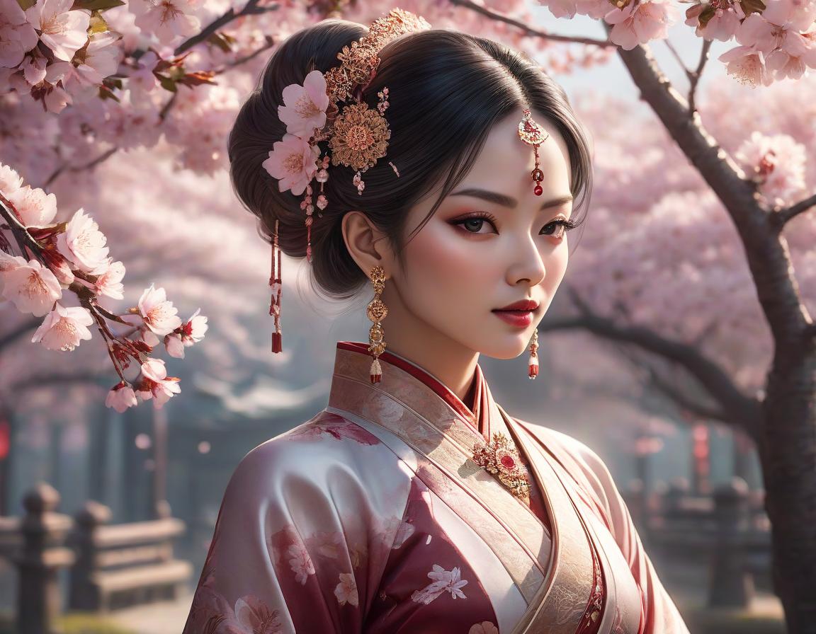  An illustration of a woman in traditional Asian attire with intricate jewelry, against a backdrop of cherry blossoms. hyperrealistic, full body, detailed clothing, highly detailed, cinematic lighting, stunningly beautiful, intricate, sharp focus, f/1. 8, 85mm, (centered image composition), (professionally color graded), ((bright soft diffused light)), volumetric fog, trending on instagram, trending on tumblr, HDR 4K, 8K