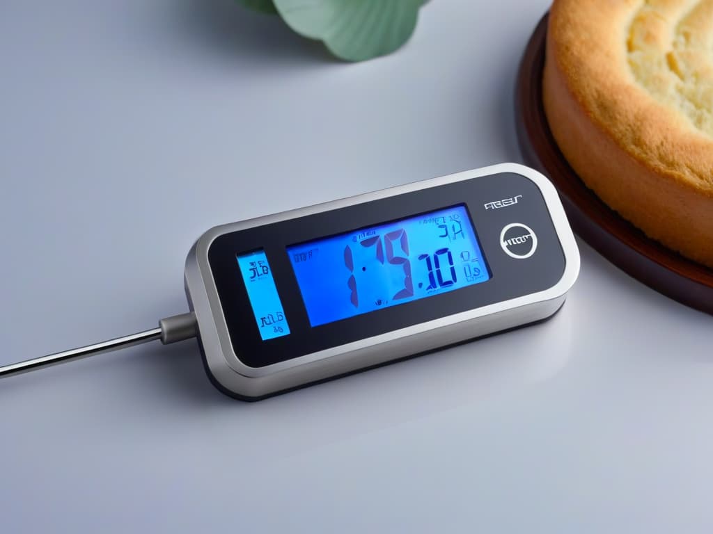  An ultradetailed closeup image of a sleek, modern digital thermometer with a stainless steel probe and a large, easytoread LED display. The minimalist design showcases the precision and sophistication of the tool, perfect for enhancing the reader's understanding of key features for digital thermometers in baking. hyperrealistic, full body, detailed clothing, highly detailed, cinematic lighting, stunningly beautiful, intricate, sharp focus, f/1. 8, 85mm, (centered image composition), (professionally color graded), ((bright soft diffused light)), volumetric fog, trending on instagram, trending on tumblr, HDR 4K, 8K