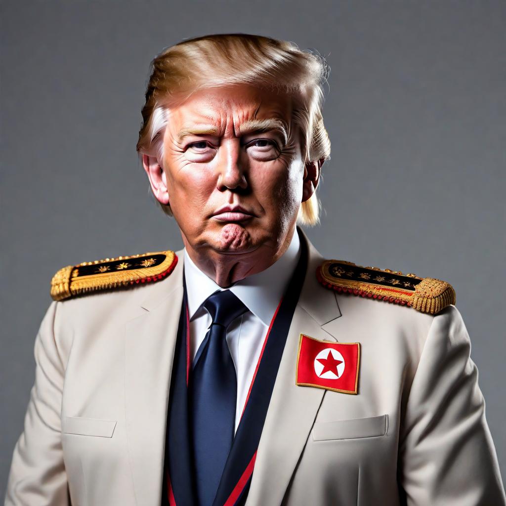  Donald Trump dressed in the style of a North Korean leader. He should be wearing a traditional North Korean military uniform with distinct insignia and medals, closely resembling that of Kim Jong-un. The setting should have elements that are iconic to North Korea, such as flags, landmarks or symbols. Trump's hairstyle and facial features should be clear and recognizable. The overall tone of the image should be serious and authoritative, as befitting a political portrait. hyperrealistic, full body, detailed clothing, highly detailed, cinematic lighting, stunningly beautiful, intricate, sharp focus, f/1. 8, 85mm, (centered image composition), (professionally color graded), ((bright soft diffused light)), volumetric fog, trending on instagram, trending on tumblr, HDR 4K, 8K