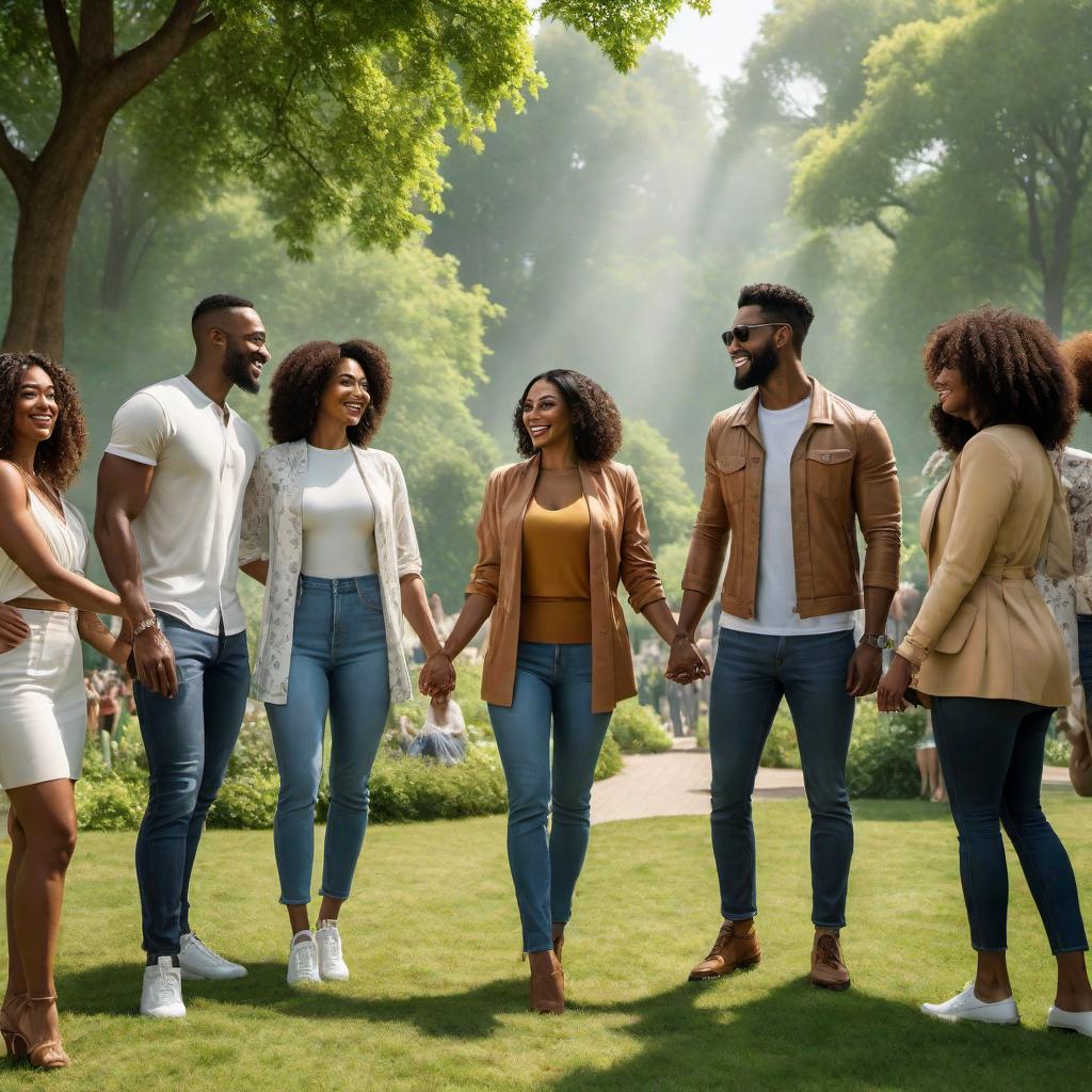  A community scene with diverse people of different backgrounds joining hands and smiling, symbolizing solidarity. The text 'Defend Our Future' is overlaid on the image. The background shows a beautiful, sunny day in a park with greenery and trees. The individuals are dressed in casual attire, and their unity and happiness are evident. The overall tone is hopeful and inclusive. hyperrealistic, full body, detailed clothing, highly detailed, cinematic lighting, stunningly beautiful, intricate, sharp focus, f/1. 8, 85mm, (centered image composition), (professionally color graded), ((bright soft diffused light)), volumetric fog, trending on instagram, trending on tumblr, HDR 4K, 8K