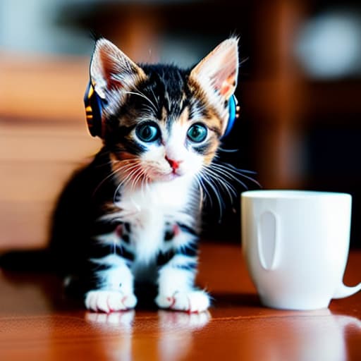  kitten with headphones sitting next to a cup of coffee