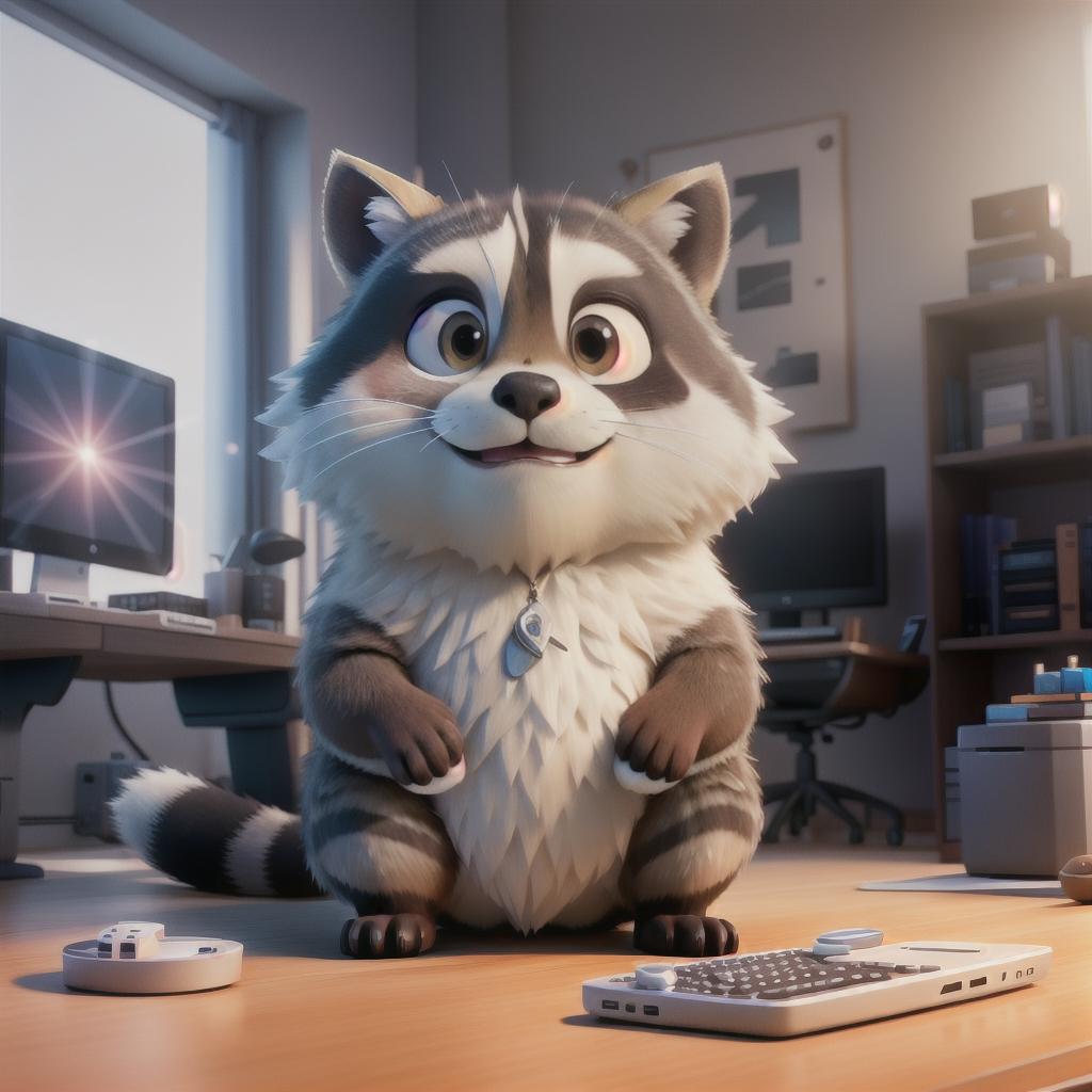  raccoon sitting in gaming chair front a computer on desktop, ((semi anthropomorphic)),(full body), tail, belly, sitting, fat, (chubby), (((white background))), solo, desktop, gaming chair, side view,  [[[clothes]]] hyperrealistic, full body, detailed clothing, highly detailed, cinematic lighting, stunningly beautiful, intricate, sharp focus, f/1. 8, 85mm, (centered image composition), (professionally color graded), ((bright soft diffused light)), volumetric fog, trending on instagram, trending on tumblr, HDR 4K, 8K