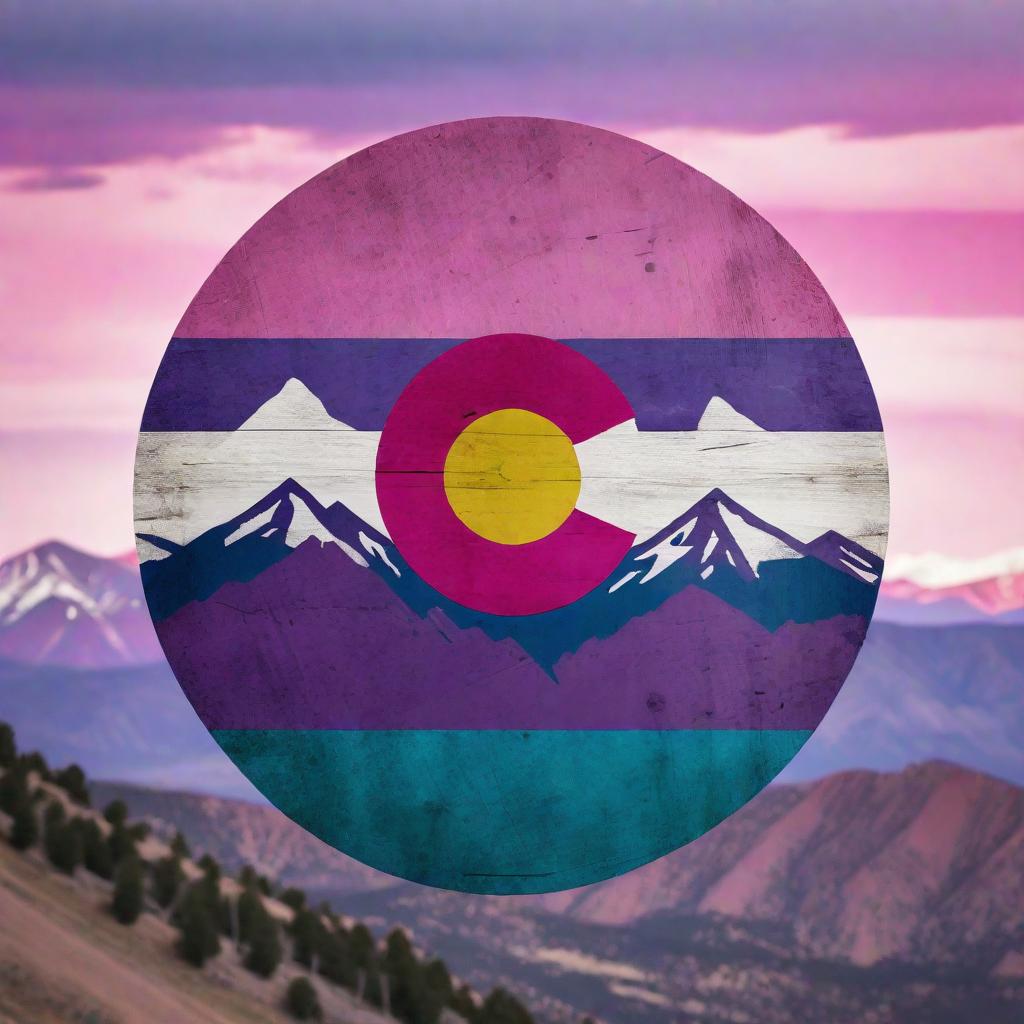  A circle photo of The Colorado flag, but colors pinks&purples&blues&teals, mountains in the background