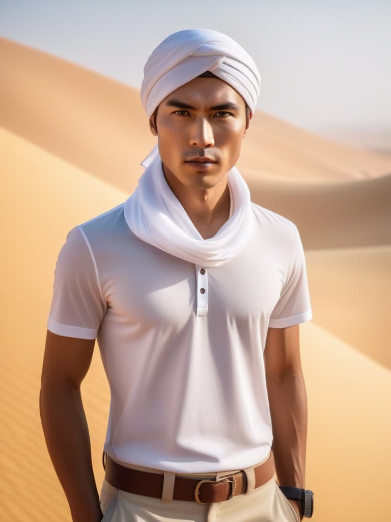  Half body portrait,Young Asian Man Tourist wear casual short sleeve t shirt and shorts , tie a solid white casual Headscarf standing in desert, look at to camera, cinematic lighting, stunningly beautiful, intricate, sharp focus, f/1. 8, 85mm, (professionally color graded), ((bright soft diffused light)), volumetric fog, trending on instagram, trending on tumblr, HDR 4K, 8K hyperrealistic, full body, detailed clothing, highly detailed, cinematic lighting, stunningly beautiful, intricate, sharp focus, f/1. 8, 85mm, (centered image composition), (professionally color graded), ((bright soft diffused light)), volumetric fog, trending on instagram, trending on tumblr, HDR 4K, 8K