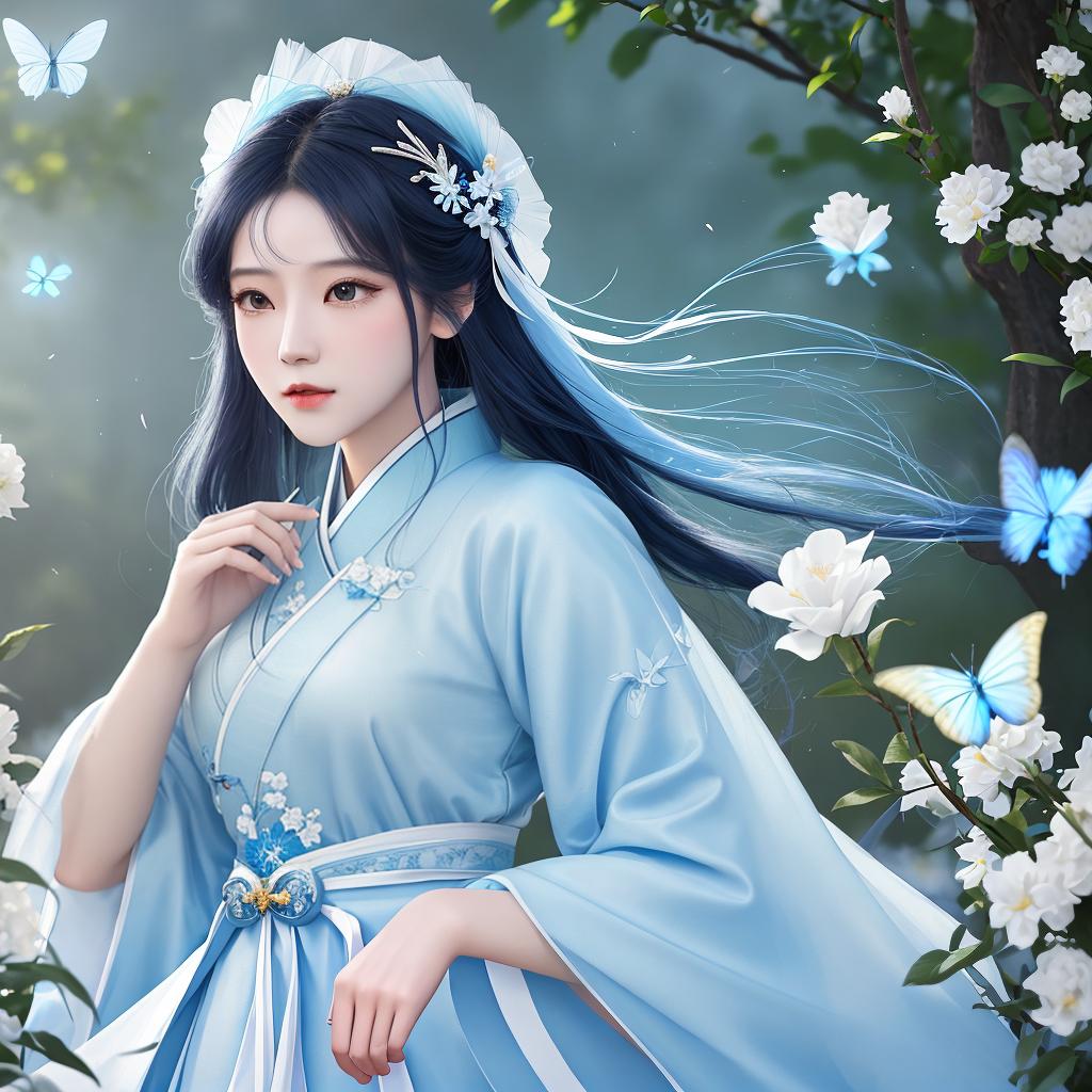  masterpiece, best quality, (Fidelity: 1.4), Best Quality, Masterpiece, Ultra High Resolution, Poster, Fantasy Art, Very Detailed Faces, 8k resolution, Chinese Style, An woman, Side Face, Quiet, Light Blue Hanfu, Tulle Coat, Long Black Hair, Light Blue Fringed Hair Ornament, Hairpin, White Ribbon, White Flower Bush, Light Blue Butterfly Flying, cinematic lighting effects