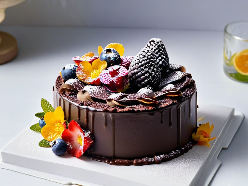  A closeup, ultradetailed image of a decadent chocolate cake topped with vibrant fresh berries and edible flowers, set on a sleek, minimalist white plate. The glossy chocolate ganache glimmers under soft lighting, highlighting the intricate textures of the cake layers and the natural beauty of the colorful toppings. The image evokes a sense of indulgence and elegance, perfectly complementing the theme of integrating superfoods into sustainable baking practices. hyperrealistic, full body, detailed clothing, highly detailed, cinematic lighting, stunningly beautiful, intricate, sharp focus, f/1. 8, 85mm, (centered image composition), (professionally color graded), ((bright soft diffused light)), volumetric fog, trending on instagram, trending on tumblr, HDR 4K, 8K