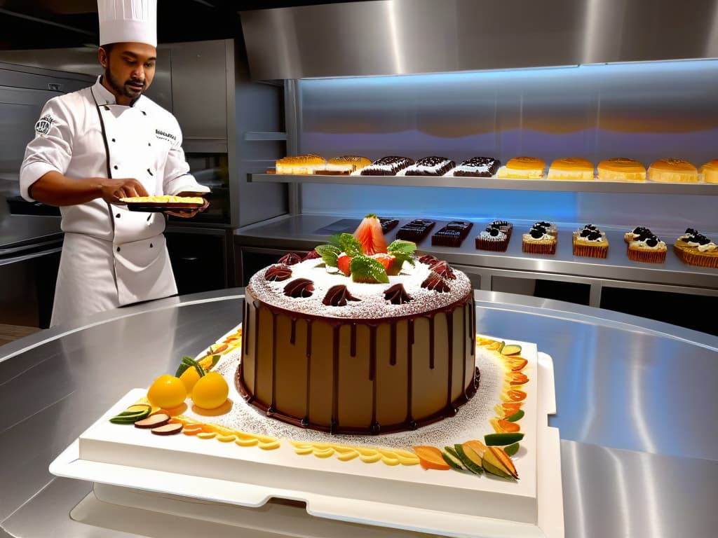  An ultradetailed image of a chef in a modern kitchen, surrounded by holographic displays showing intricate cake designs and augmented reality overlays guiding their hands as they decorate a cake. The chef's focused expression and the hightech environment convey a seamless blend of traditional baking skills with cuttingedge augmented reality technology, symbolizing the intersection of culinary artistry and innovation in the world of pastry. hyperrealistic, full body, detailed clothing, highly detailed, cinematic lighting, stunningly beautiful, intricate, sharp focus, f/1. 8, 85mm, (centered image composition), (professionally color graded), ((bright soft diffused light)), volumetric fog, trending on instagram, trending on tumblr, HDR 4K, 8K