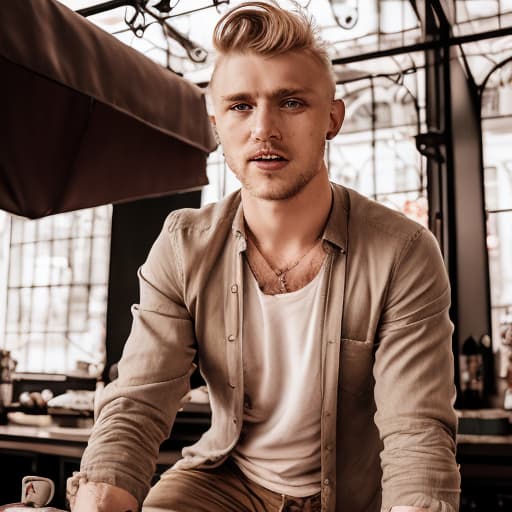 portrait+ style Russian queer barista blonde hunk dude face