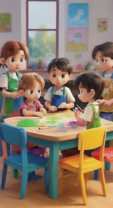  {Children gathered around a table full of paints, brushes, and paper., Kids wearing aprons, concentrating on their painting with bright colors on paper.