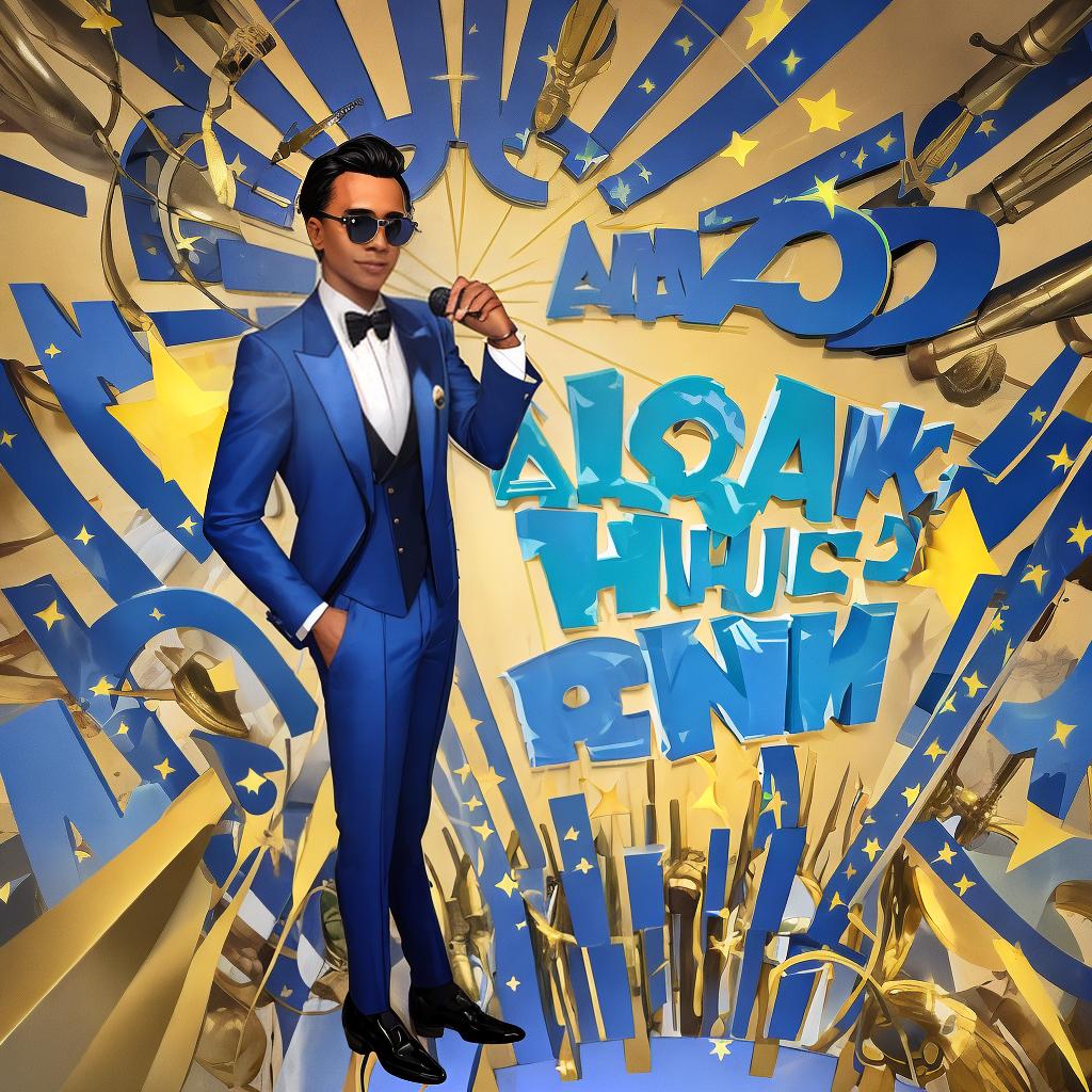  masterpiece, best quality,A cool character holding a microphone wearing blue gold tuxedo with sun glasses. There's a Glowing Font at the background saying E.C.H.O. A full body view character.,
