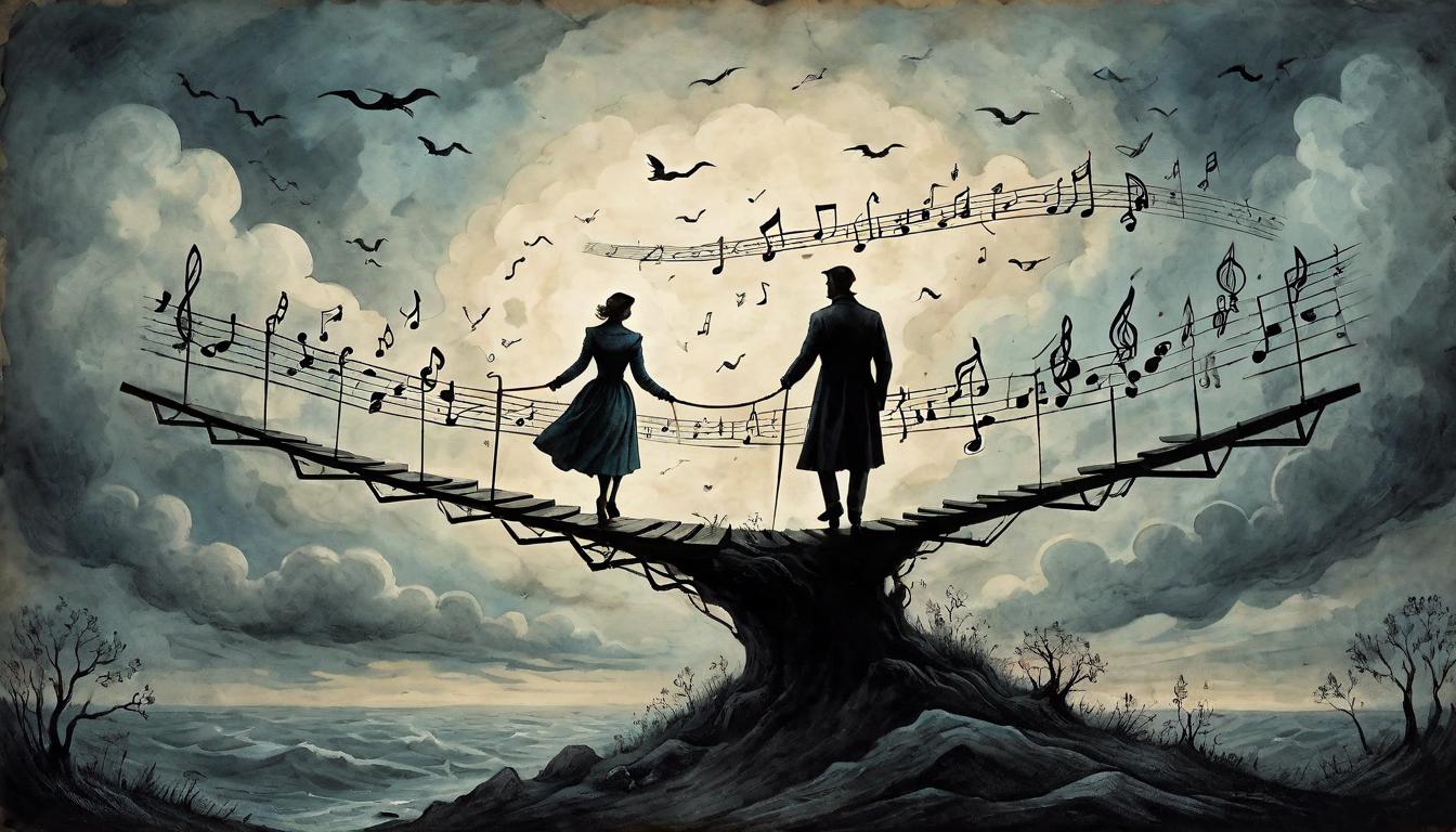  on parchment, surrealism+++, A silhouetted figure walking a tightrope made of musical staves, notes forming a path through a stormy sky, delicate balance, harmonious navigation, emotional voyage(mysterious, provocative, symbolic,muted color)+++