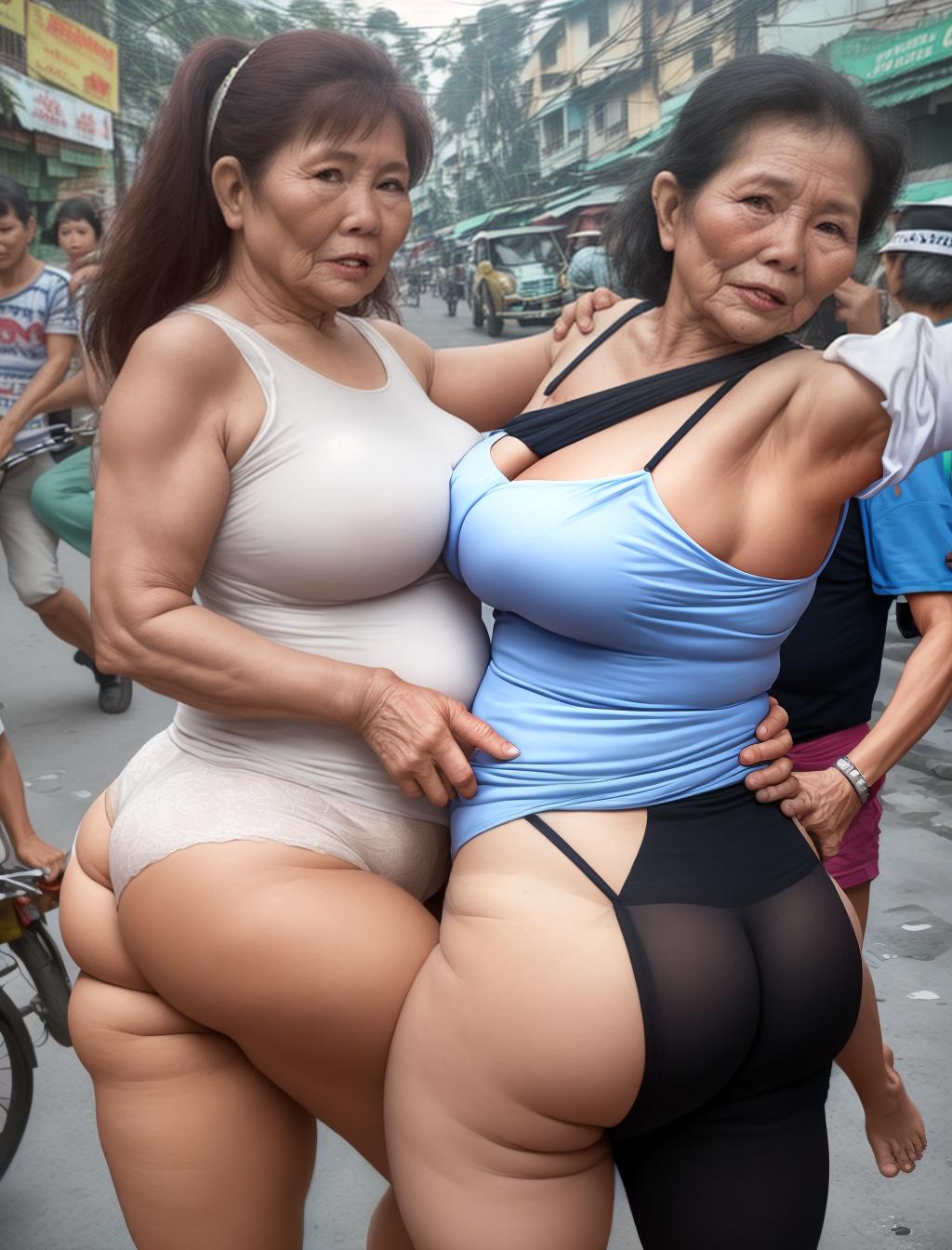  mujer madura de 55 años hermosa con su gran trasero en calzones en Vietnam en la calle con su amiga cachonda y caliente