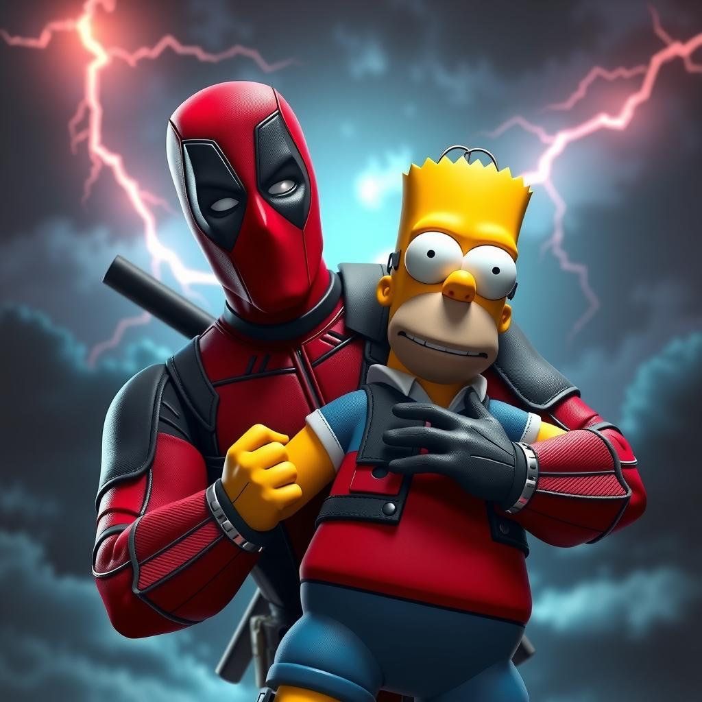  good quality, high quality, a cinematic 3d render of deadpool clutching a realistic homer simpson figure. deadpool's facial expression shows a mix of surprise and determination, while homer's face is a comical blend of shock and amusement. the background features a dramatic, stormy sky, with lightning bolts zigzagging between dark clouds, creating a sense of excitement and tension.