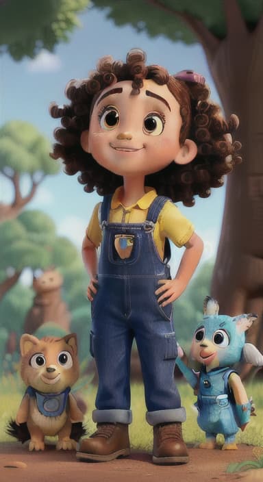  {Riley looking up at the tree with a big smile, animals surrounding them., Riley, a curious with big brown eyes and curly hair, wearing overalls and carrying a small backpack. Their friend, Skye, a bluebird with shiny feathers.