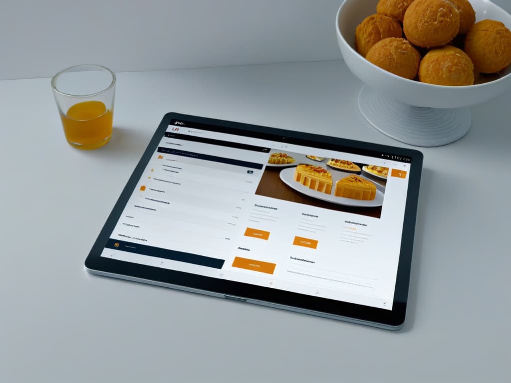  A minimalist and detailed image of a sleek, modern tablet displaying a userfriendly order management app designed specifically for pastry chefs. The app interface is clean and intuitive, showcasing various features like order tracking, customer profiles, and inventory management. The background is a soft gradient that complements the elegant design of the app, highlighting the efficiency and sophistication of using technology to streamline order and customer management for bakers. hyperrealistic, full body, detailed clothing, highly detailed, cinematic lighting, stunningly beautiful, intricate, sharp focus, f/1. 8, 85mm, (centered image composition), (professionally color graded), ((bright soft diffused light)), volumetric fog, trending on instagram, trending on tumblr, HDR 4K, 8K