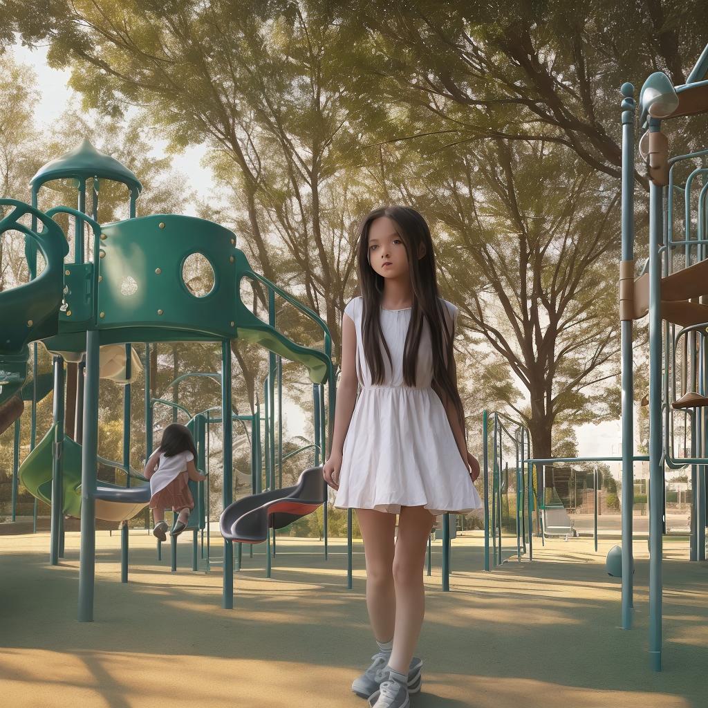  A girl with long hair, playground, light and shadow, cinematic feel