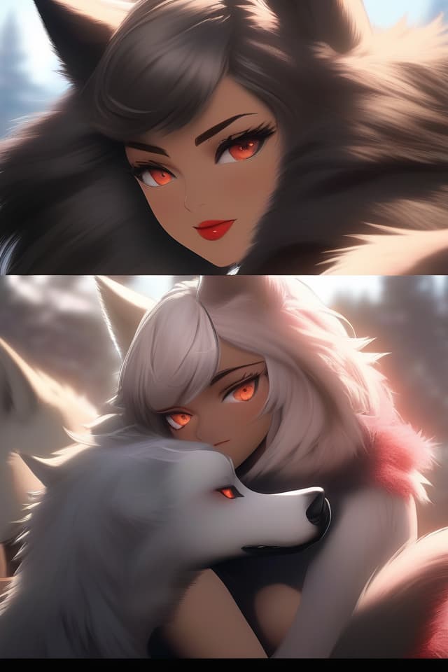  ((Messy Wolf Cut Hair: 1.6, Glowing Eyes)), (((V Shaped Eyebrows: 1.4, Fang Gring: 1.2))), Multiple Wolf Girls Reola, FUR & FURS, Open Legs Squating, Absurdres, masterpieces, ultimate quality, beauty, diffusion lighting, detailed skin texture, the best shadow, very detailed, 8k Wallpaper, Raw tic Detailed, Dutch Angle, 💩, 💩, hyperrealistic, full body, detailed clothing, highly detailed, cinematic lighting, stunningly beautiful, intricate, sharp focus, f/1. 8, 85mm, (centered image composition), (professionally color graded), ((bright soft diffused light)), volumetric fog, trending on instagram, trending on tumblr, HDR 4K, 8K