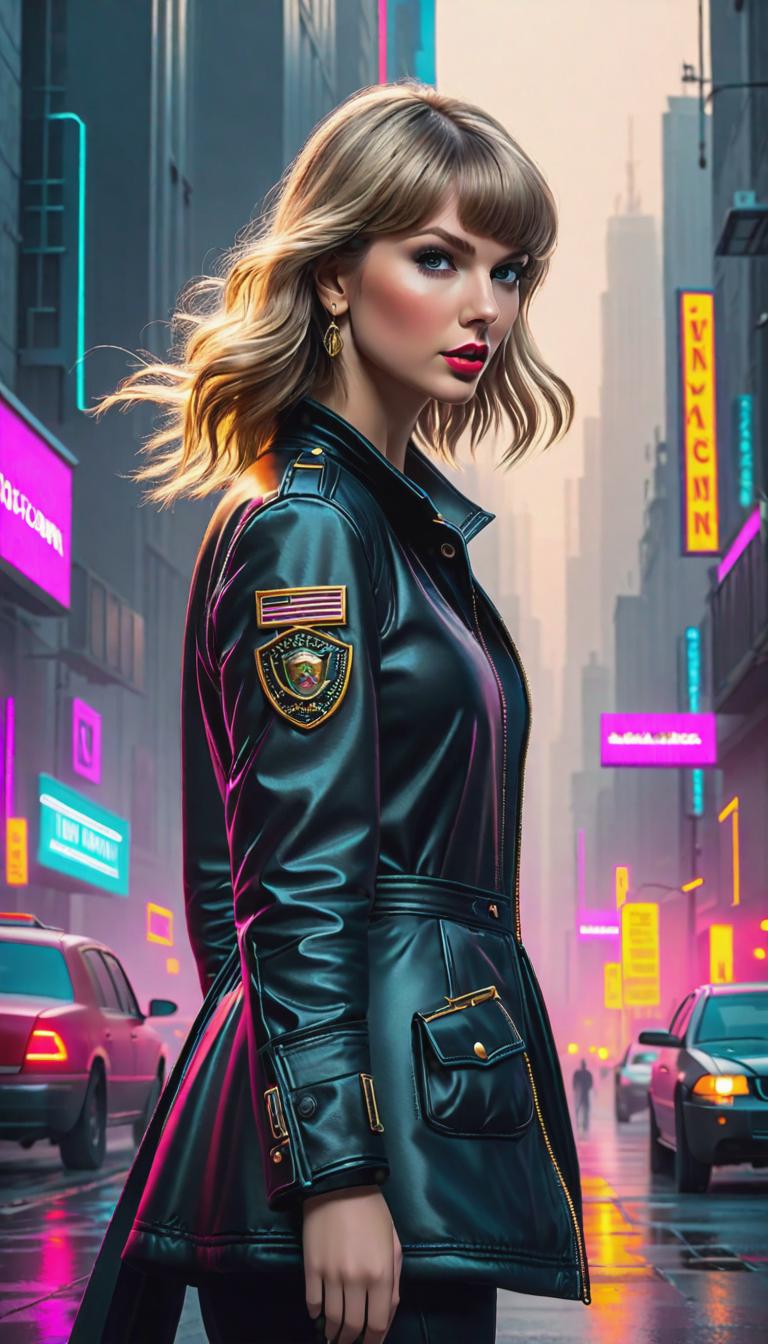  Cyberpunk style depiction of Taylor Swift as a tour guide . The scene is set in a world where technology has advanced, but society and human conditions have not, creating a gritty, dystopian atmosphere. hyperrealistic, full body, detailed clothing, highly detailed, cinematic lighting, stunningly beautiful, intricate, sharp focus, f/1. 8, 85mm, (centered image composition), (professionally color graded), ((bright soft diffused light)), volumetric fog, trending on instagram, trending on tumblr, HDR 4K, 8K