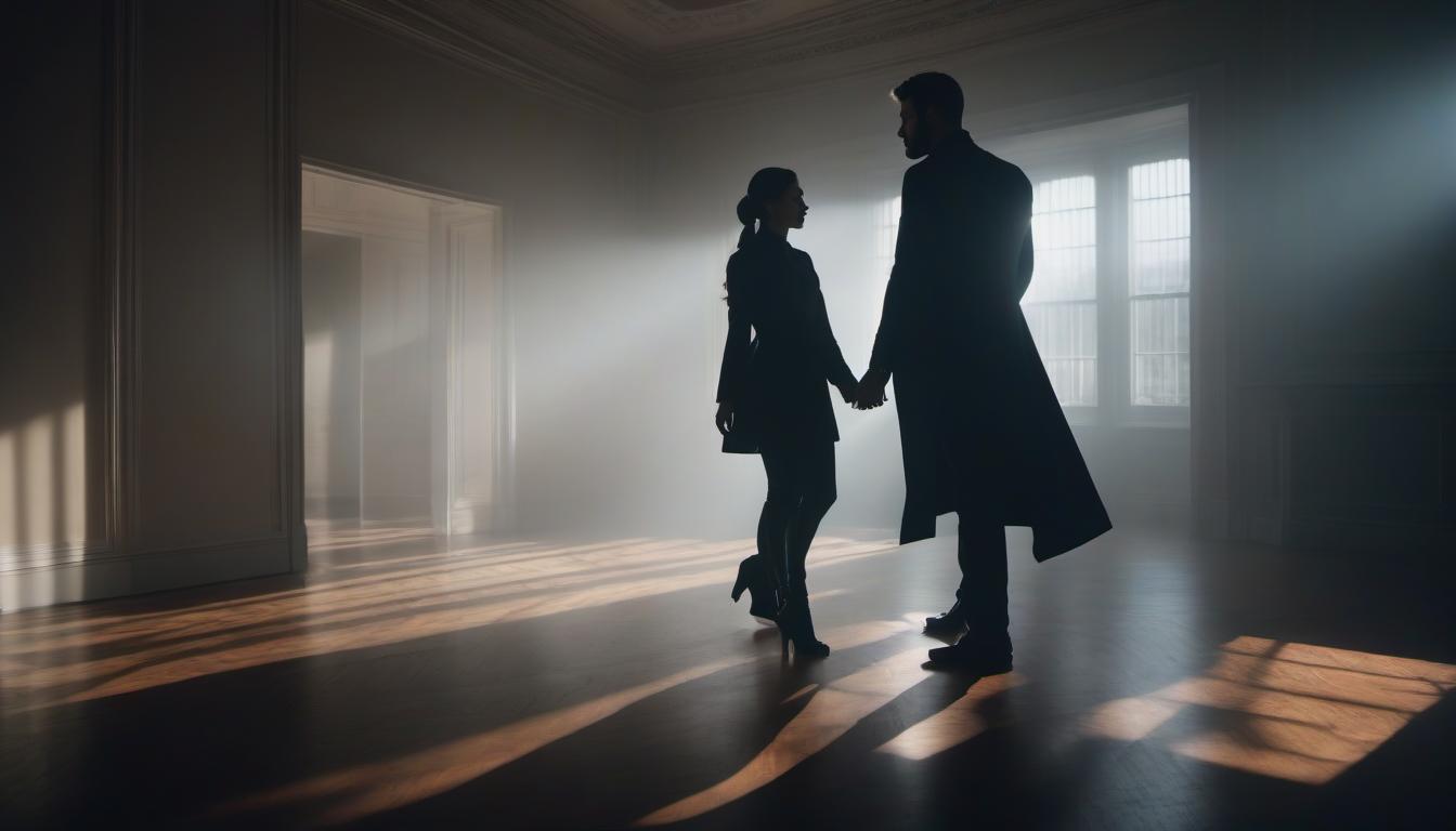  A silhouette of a man approaches from behind and reaches a girl in a room. hyperrealistic, full body, detailed clothing, highly detailed, cinematic lighting, stunningly beautiful, intricate, sharp focus, f/1. 8, 85mm, (centered image composition), (professionally color graded), ((bright soft diffused light)), volumetric fog, trending on instagram, trending on tumblr, HDR 4K, 8K