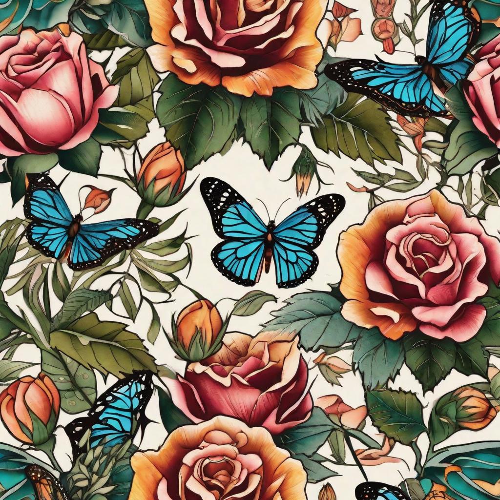  masterpiece, best quality, (Tattoo with floral elements including bright, colorful roses and either aloe Vera plant or agave plant and a monarch butterfly