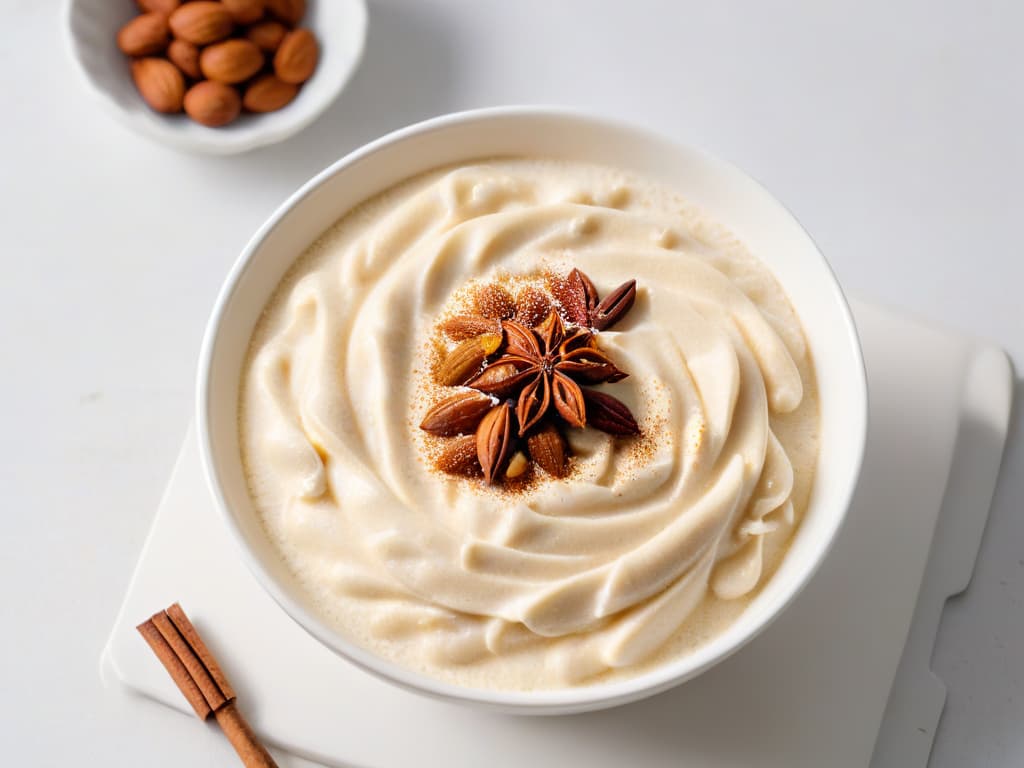  A closeup, highresolution image of a creamy, perfectly cooked bowl of arroz con leche garnished with a sprinkle of cinnamon powder on top, set against a simple, elegant white backdrop. The rice grains are visible, showcasing a rich, velvety texture, inviting the viewer to savor the traditional flavors and smooth consistency of this classic dessert. hyperrealistic, full body, detailed clothing, highly detailed, cinematic lighting, stunningly beautiful, intricate, sharp focus, f/1. 8, 85mm, (centered image composition), (professionally color graded), ((bright soft diffused light)), volumetric fog, trending on instagram, trending on tumblr, HDR 4K, 8K