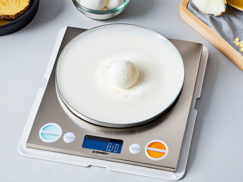  Imagine a sleek, minimalist digital kitchen scale made of brushed stainless steel, sitting on a pristine marble countertop. The scale's LED display is illuminated, showing precise measurements in grams of colorful ingredients like flour and sugar. The background is softly blurred to keep the focus on the elegant simplicity of the kitchen scale, emphasizing its importance as a basic tool for any aspiring baker. hyperrealistic, full body, detailed clothing, highly detailed, cinematic lighting, stunningly beautiful, intricate, sharp focus, f/1. 8, 85mm, (centered image composition), (professionally color graded), ((bright soft diffused light)), volumetric fog, trending on instagram, trending on tumblr, HDR 4K, 8K