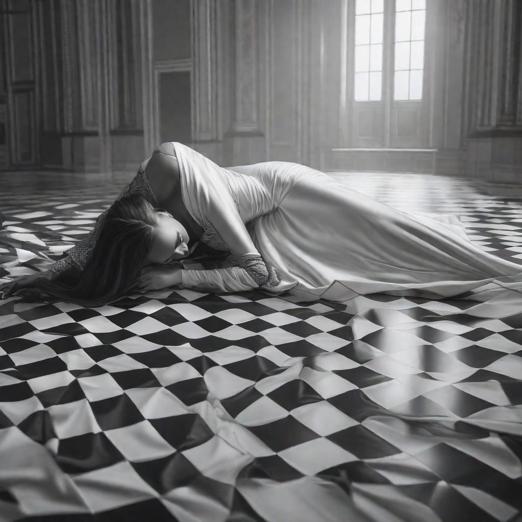  WHITE CREATED EMPTY FABRIC LYING ON THE FLOOR IN A REGULAR BLACK AND WHITE CHECKER PATTERN., realistic, portrait, art by donato giancola and greg rutkowski, realistic face, digital art, trending on artstation hyperrealistic, full body, detailed clothing, highly detailed, cinematic lighting, stunningly beautiful, intricate, sharp focus, f/1. 8, 85mm, (centered image composition), (professionally color graded), ((bright soft diffused light)), volumetric fog, trending on instagram, trending on tumblr, HDR 4K, 8K