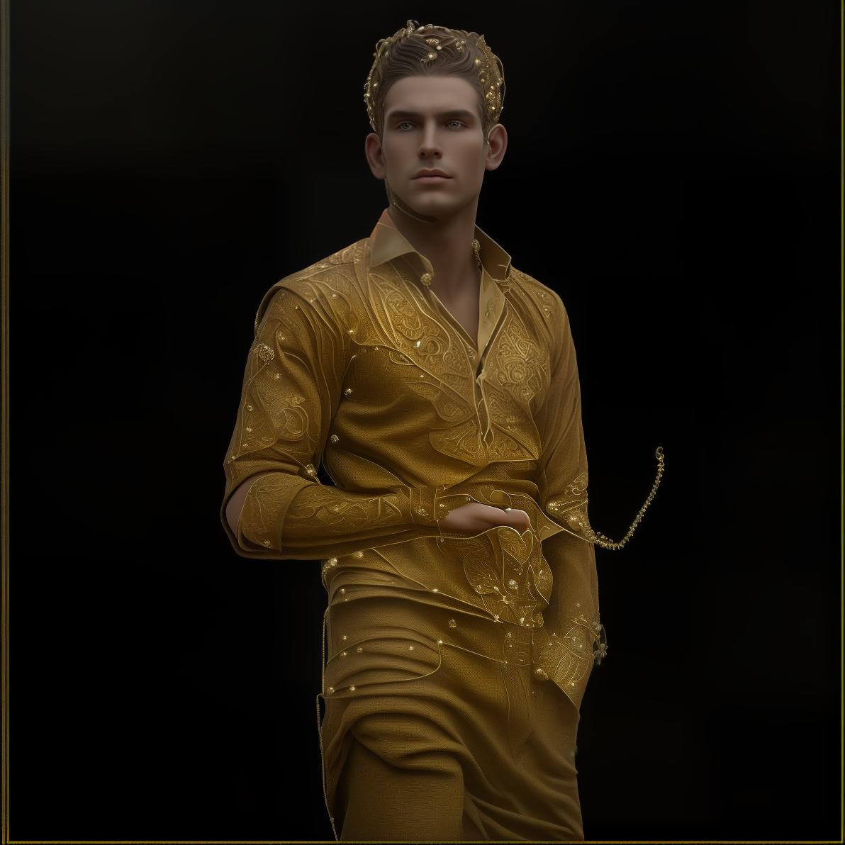 mdjrny-v4 style Generate a detailed Fantasy style avatar of a male elf. He possesses ethereal beauty, with long and pointed ears and elegant features that reflect his otherworldly nature. His attire is regal and adorned with intricate elven designs, such as flowing robes made from enchanted fabrics or armor embellished with nature inspired motifs. The elf's hair is long and lustrous, styled in intricate braids or adorned with delicate ornaments like leaves or flowers. His eyes sparkle with ancient wisdom, and his expression is serene yet filled with a sense of purpose. The background should be an enchanted forest or a mystical elven city, with shimmering lights, ancient trees, and hints of magical creatures roaming in the shadows. The lighting should be so