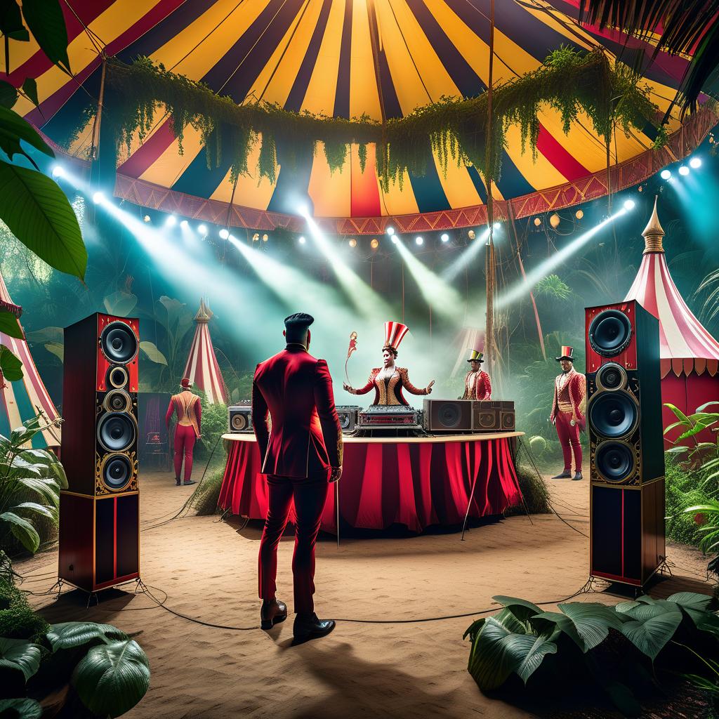  Circus tent, freak circus in the jungle, juicy thailand greenery around the edges, a DJ both in the foreground in the middle of the frame, super large speakers on either side of the table, no people, shot from a right angle hyperrealistic, full body, detailed clothing, highly detailed, cinematic lighting, stunningly beautiful, intricate, sharp focus, f/1. 8, 85mm, (centered image composition), (professionally color graded), ((bright soft diffused light)), volumetric fog, trending on instagram, trending on tumblr, HDR 4K, 8K