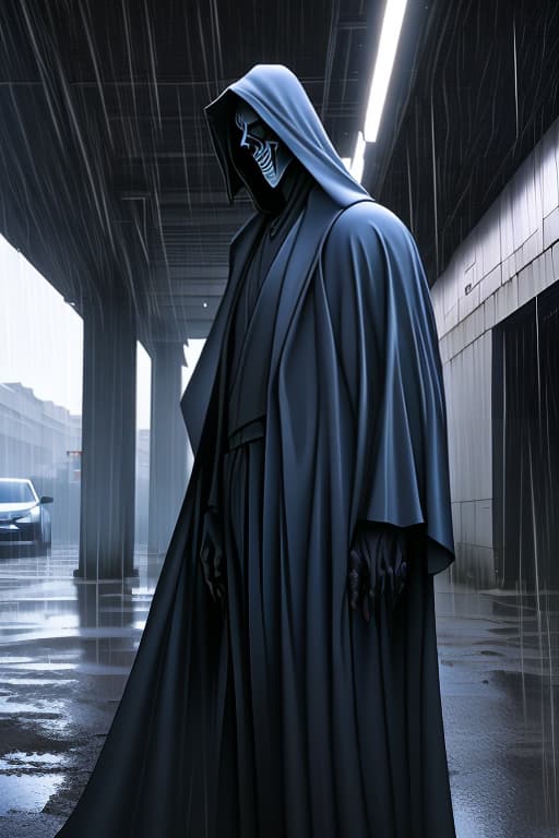  A-TaK, Tall, standing under freeway light, heavy rain, dressed like grim reaper, white mask, Grendel type