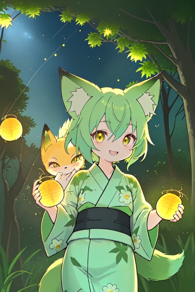  A yukata of the green hair character in the fox ear, the light of countless fireflies shines in the dark countryside, a very beautiful smile, a lot of fireflies are dancing.