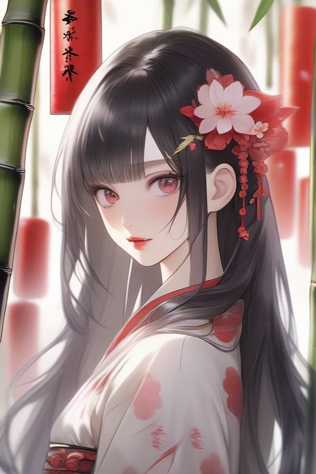  Masterpiece,one woman,Kaguyahime,forehead out,delicate black hair color,center parted bangs,beautiful eye color,delicate white skin,delicate face,red lipstick,plum flower,bamboo,pine