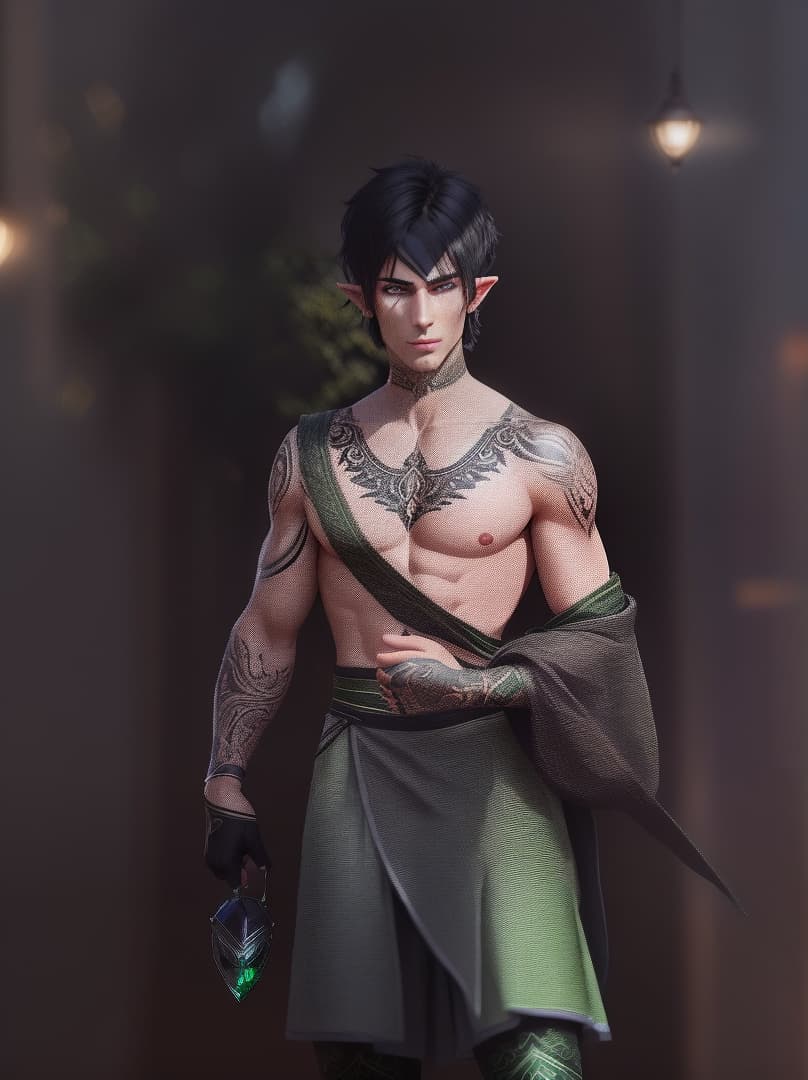  male, half-elf, short black hair, green eyes, tattoos, thin toned body, hyperrealistic, high quality, highly detailed, perfect lighting, intricate, sharp focus, f/1. 8, 85mm, (centered image composition), (professionally color graded), ((bright soft diffused light)), trending on instagram, HDR 4K, 8K