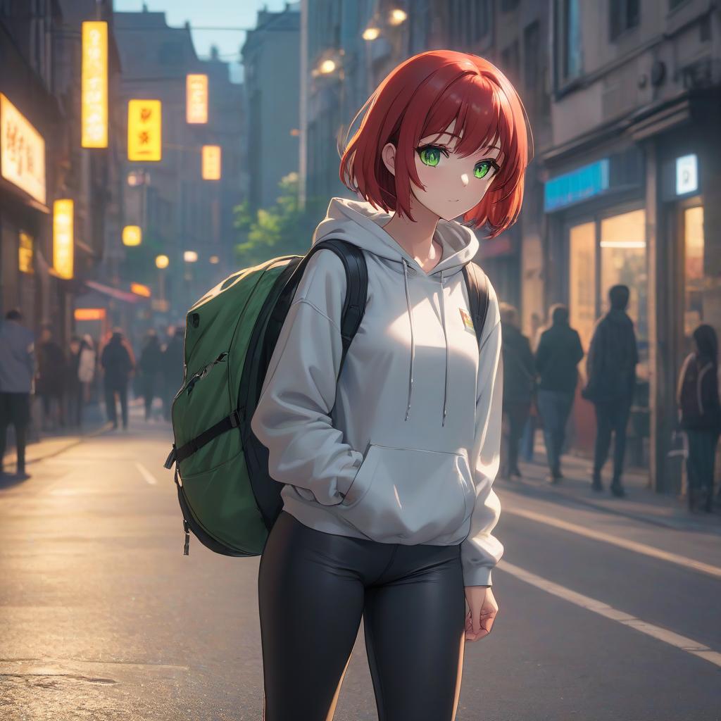  A with red short hair in a black with a hoodie and black pants. She has green eyes. Small s and short stature. She's thinking about something. Walking through the summer city after a run. It's evening on the street. Use anime style. Translation: A with short red hair, wearing a black with a hoodie and black pants, has green eyes. She has a small and short stature. She's thinking about something. She walks through the summer city after a run. It's evening on the street. Adopt the anime style. hyperrealistic, full body, detailed clothing, highly detailed, cinematic lighting, stunningly beautiful, intricate, sharp focus, f/1. 8, 85mm, (centered image composition), (professionally color graded), ((bright soft diffused light)), volumetric fog, trending on instagram, trending on tumblr, HDR 4K, 8K