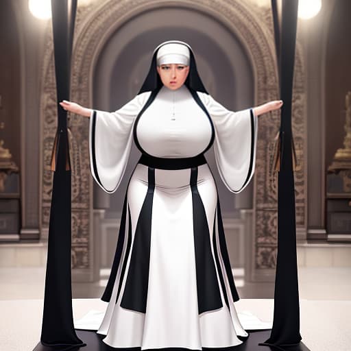  woman, nun, big belly, latex, skirt hyperrealistic, full body, detailed clothing, highly detailed, cinematic lighting, stunningly beautiful, intricate, sharp focus, f/1. 8, 85mm, (centered image composition), (professionally color graded), ((bright soft diffused light)), volumetric fog, trending on instagram, trending on tumblr, HDR 4K, 8K