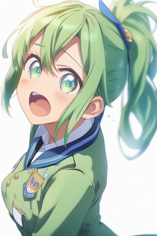  (master piece),(best quality),11k,detailed,anime style,(from side),(bust shots),looking side,(1),((yawn)),teary eyed,ponytail,(green hair),blue eyes,hair band, uniform,medium s,slim body type,(outside)