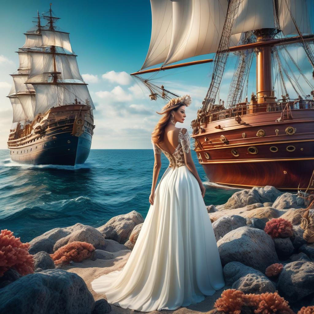  nautical themed An amazing abstract fairy tale picture of the world, bright colors mixed with the real and the world . sea, ocean, ships, maritime, beach, marine life, highly detailed hyperrealistic, full body, detailed clothing, highly detailed, cinematic lighting, stunningly beautiful, intricate, sharp focus, f/1. 8, 85mm, (centered image composition), (professionally color graded), ((bright soft diffused light)), volumetric fog, trending on instagram, trending on tumblr, HDR 4K, 8K