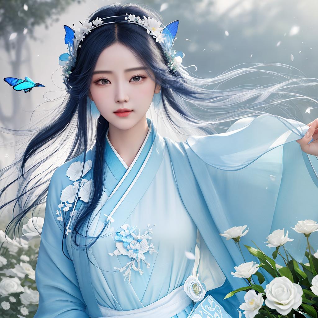  masterpiece, best quality, (Fidelity: 1.4), Best Quality, Masterpiece, Ultra High Resolution, Poster, Fantasy Art, Very Detailed Faces, 8k resolution, Chinese Style, An woman, Side Face, Quiet, Light Blue Hanfu, Tulle Coat, Long Black Hair, Light Blue Fringed Hair Ornament, Hairpin, White Ribbon, White Flower Bush, Light Blue Butterfly Flying, cinematic lighting effects